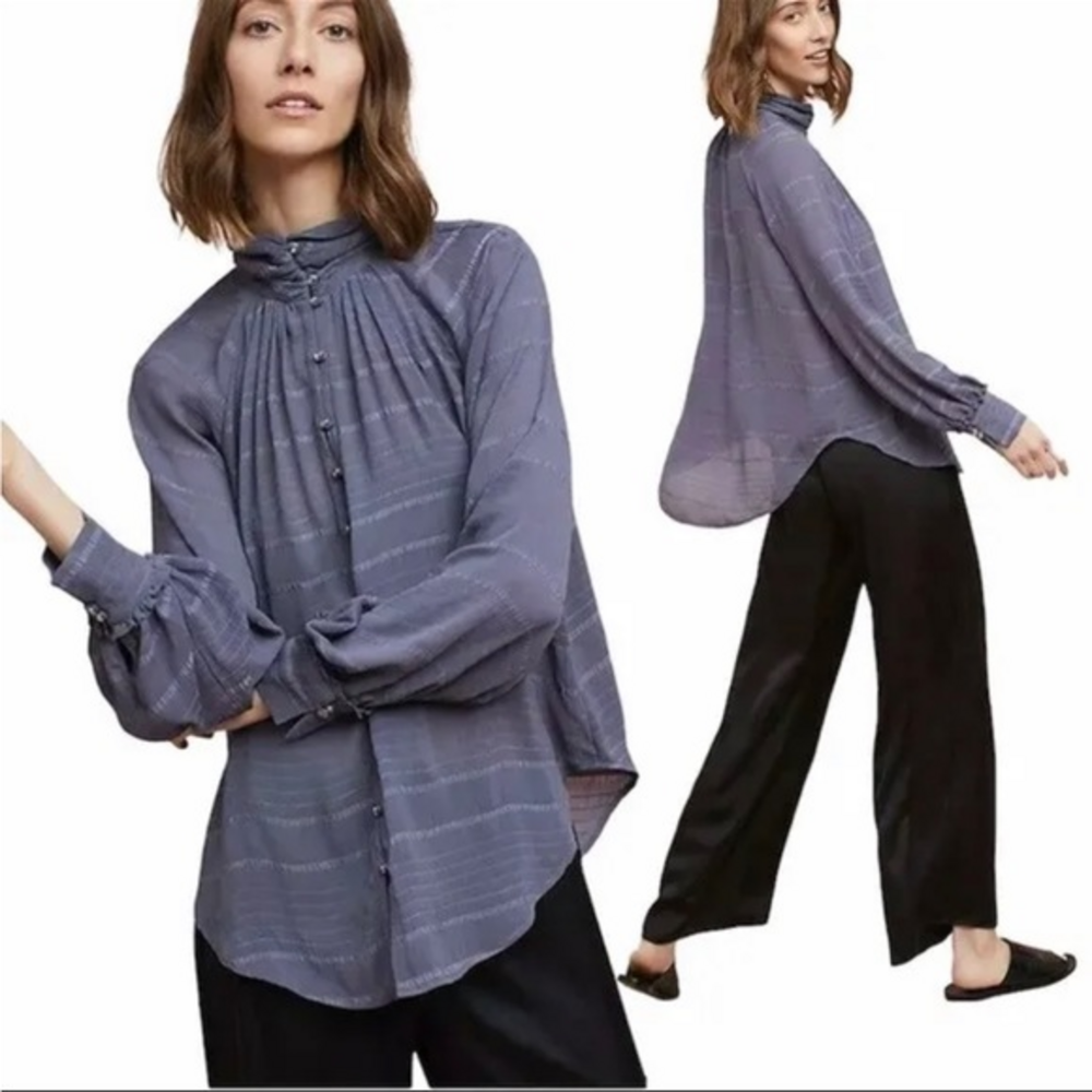 Anthropologie x Feather Bone Turtleneck Blue Marietta Blouse Size XXS